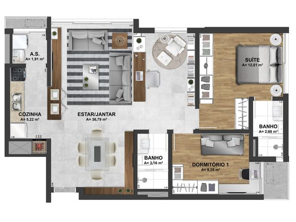 Opção 2 dormitórios com living estendido 85,87m² privativos e 2 vagas com ou sem depósito 