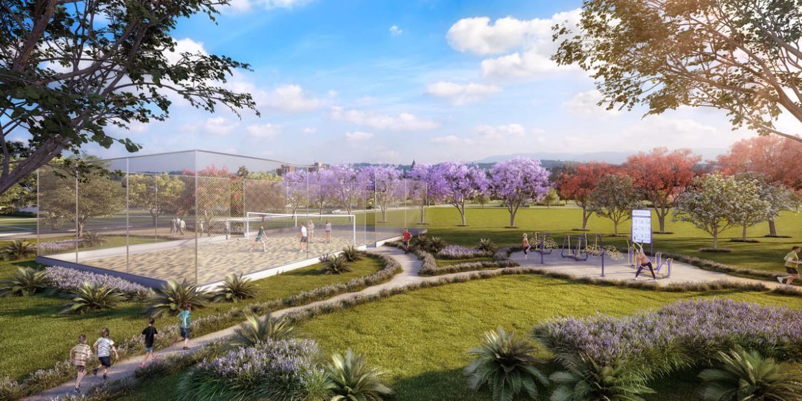 Quadra de areia e mobiliário urbano da Praça dos Ipês