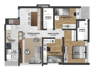 Opção 2 dormitórios com living estendido 76,41m² privativos e 2 vagas com ou sem depósito