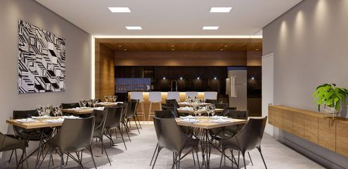 Salão de festas com espaço gourmet do empreendimento Montblanc da contrutora de alto padrão Zuckhan