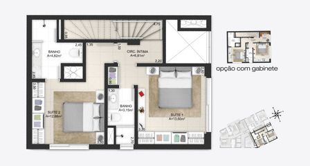 Planta baixa ilustrada do pavimento inferior do apartamentos duplex final 1 do empreendimento Match da construtora Zuckhan.