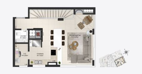 Planta baixa ilustrada do pavimento superior do apartamentos duplex final 1 do empreendimento Match da construtora Zuckhan.