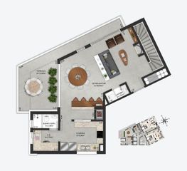 Planta baixa ilustrada do pavimento inferior da cobertura duplex 1103 do empreendimento Match da construtora Zuckhan.