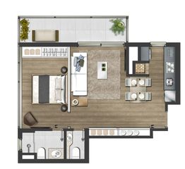 1 dormitório com suíte e lavabo 62,42m² - Tipo final 01