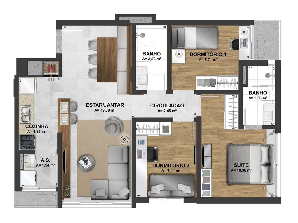 Opção 2 dormitórios com living estendido 76,41m² privativos e 2 vagas com ou sem depósito