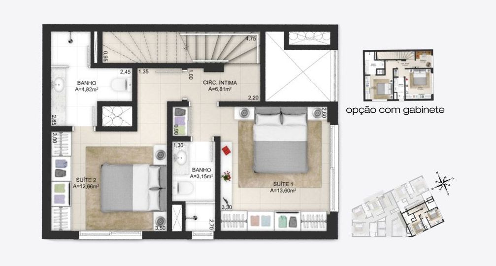 Planta baixa ilustrada do pavimento inferior do apartamentos duplex final 1 do empreendimento Match da construtora Zuckhan.