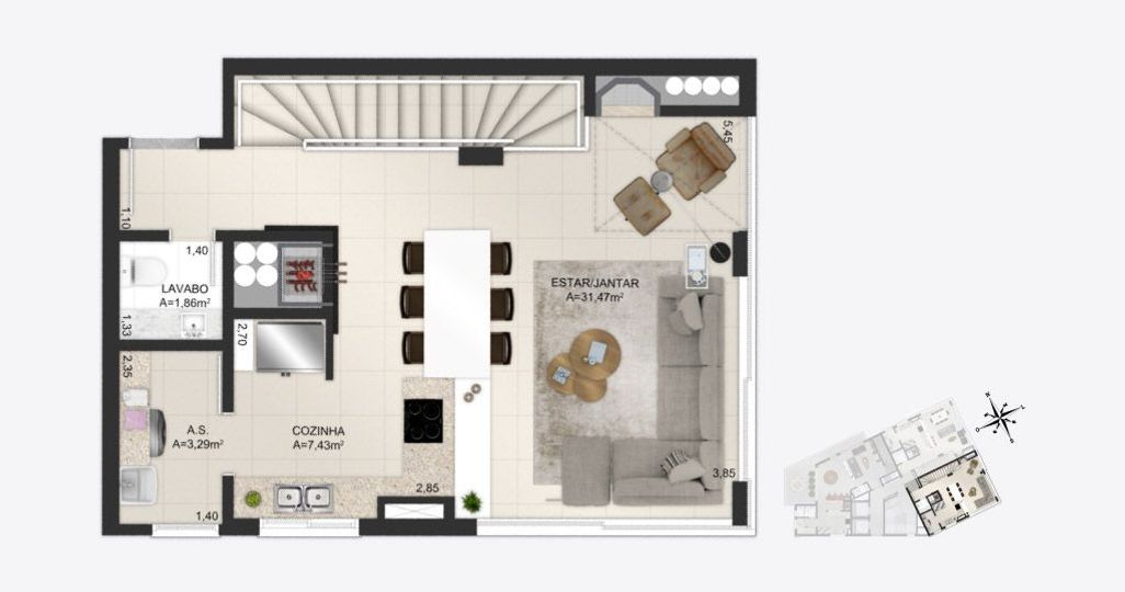 Planta baixa ilustrada do pavimento superior do apartamentos duplex final 1 do empreendimento Match da construtora Zuckhan.
