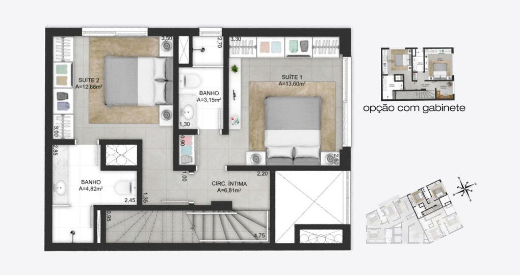 Planta baixa ilustrada do pavimento inferior do apartamentos duplex final 2 do empreendimento Match da construtora Zuckhan.