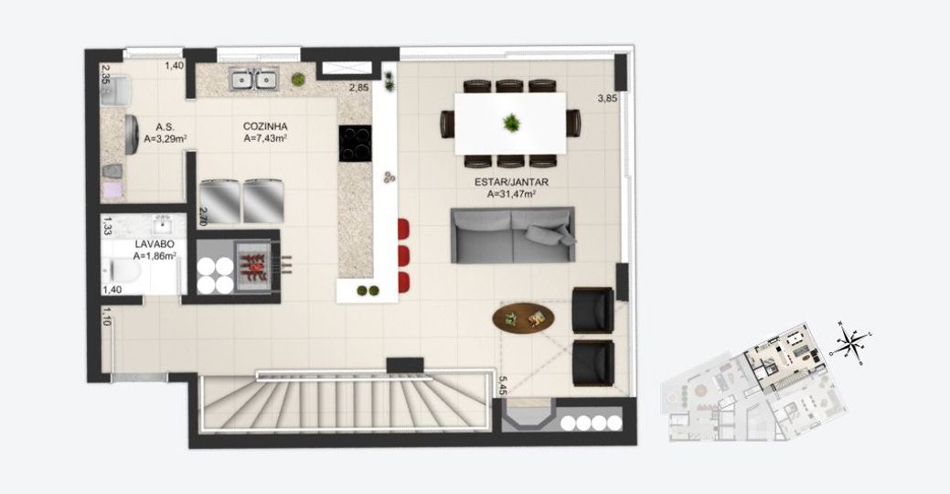 Planta baixa ilustrada do pavimento superior do apartamentos duplex final 2 do empreendimento Match da construtora Zuckhan.