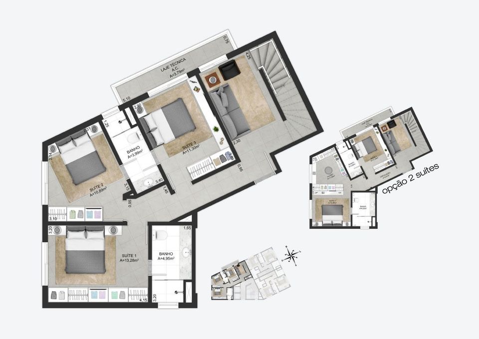 Planta baixa ilustrada do pavimento inferior da cobertura duplex 1103 do empreendimento Match da construtora Zuckhan.