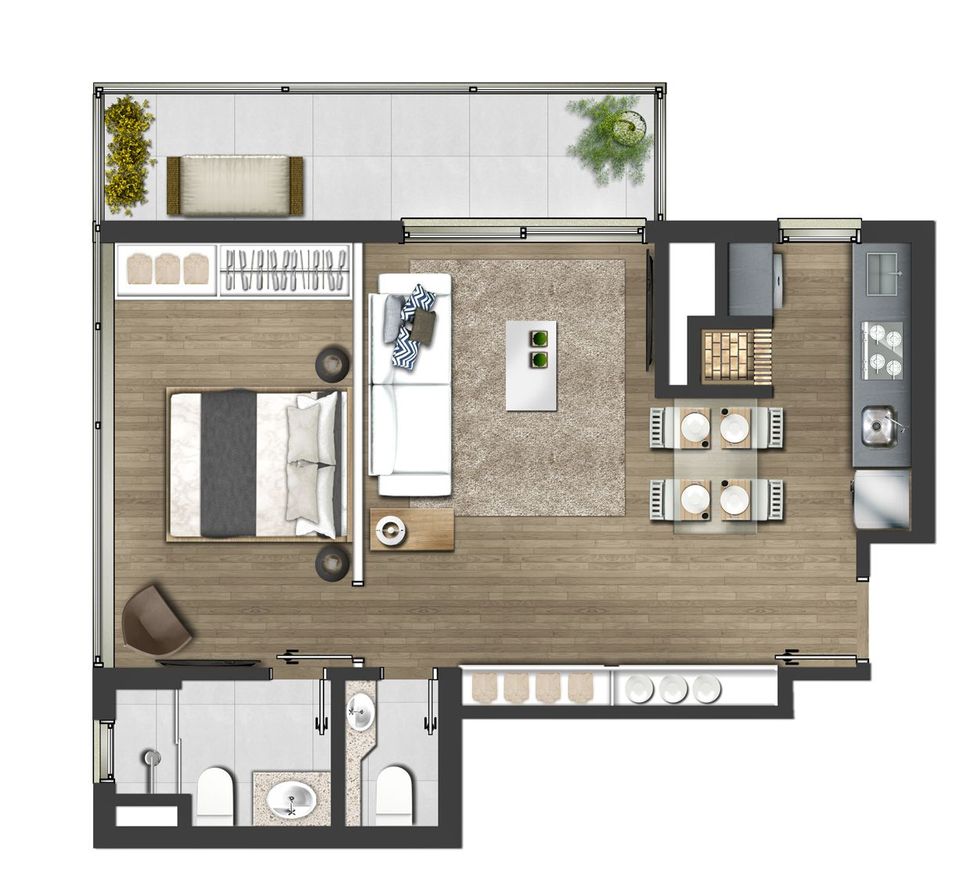 1 dormitório com suíte e lavabo 62,42m² - Tipo final 01