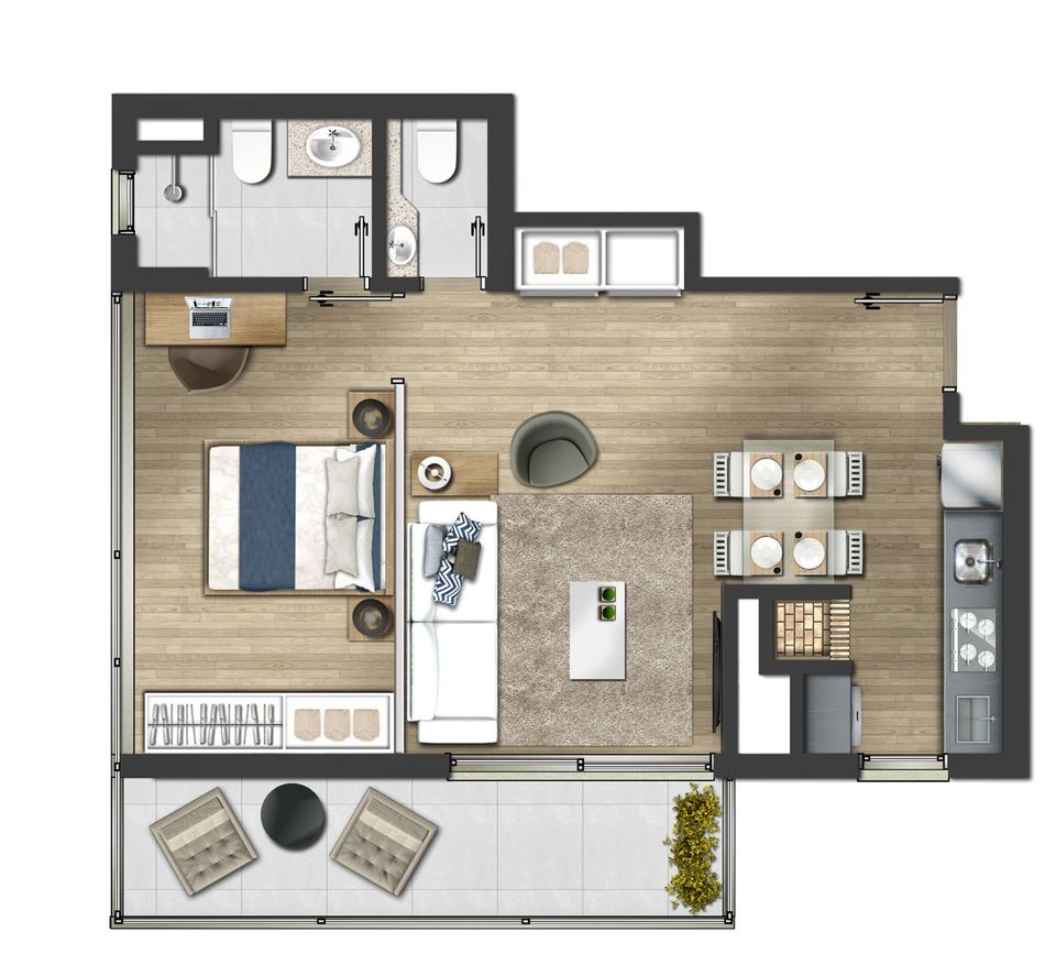 1 dormitório com suíte e lavabo 62,13m² - Tipo final 02